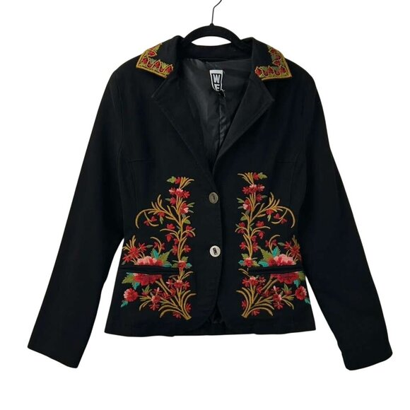 WE Women's S Fashion Black Floral Embroidered Blazer Jacket Boho Folk Tailored - Picture 8 of 15